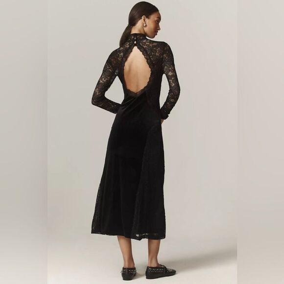 Anthropologie Long-Sleeve Mock-Neck Lace Velvet Slip Midi Dress Size XS - Picture 3 of 4